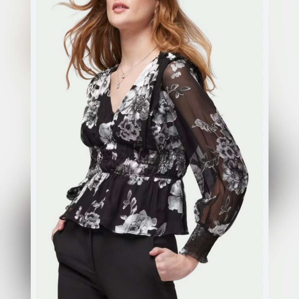 White House Black Market Silk Blend Metallic Flower Blouse XL - Picture 1 of 11